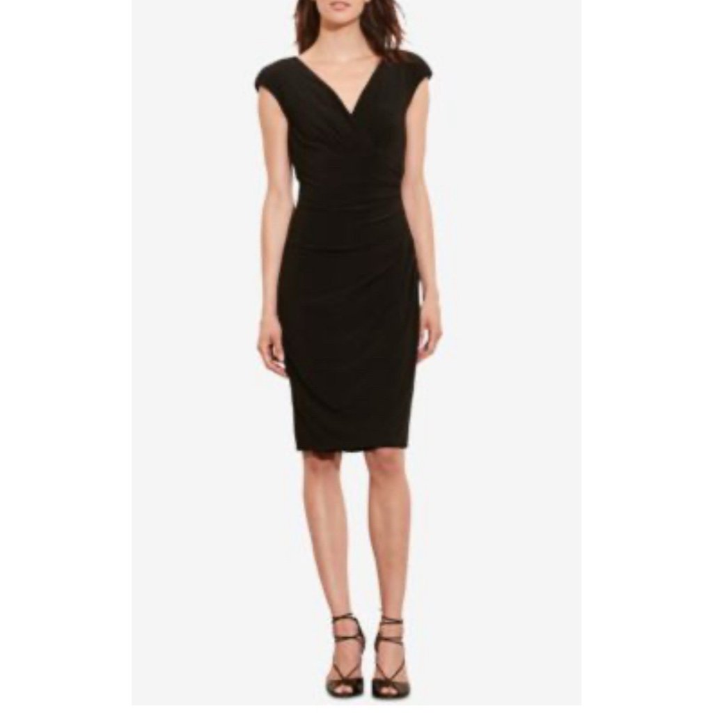 Ralph Lauren Black Dress 6 Sleeveless Stretch V Neck Sheath Washable